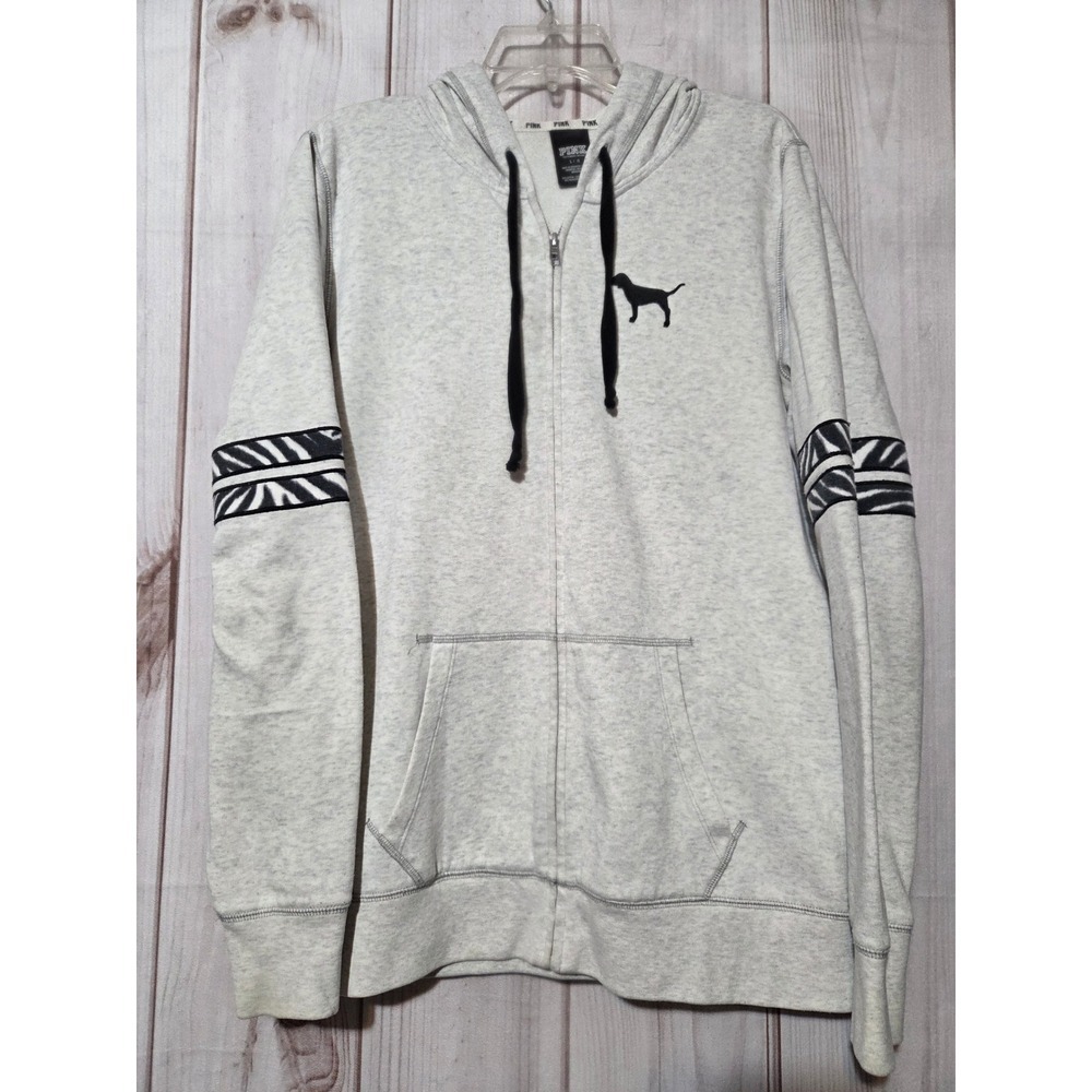 PINK‎ Victoria's Secret Grey Zip Up Hoodie Dog Logo Athletic Stripes Size L